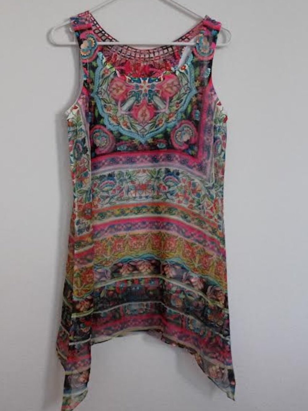 ONE WORLD WOMEN'S TOP SLEEVELESS SHEER OVERLAY OVER TANK TOP BOHO FESTIVAL SML